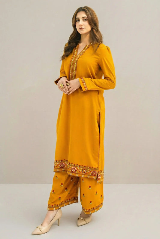 ZARQA - Mustard Yellow Silk Karandi Embroidered 2-Piece Suit | Winter Collection 2025